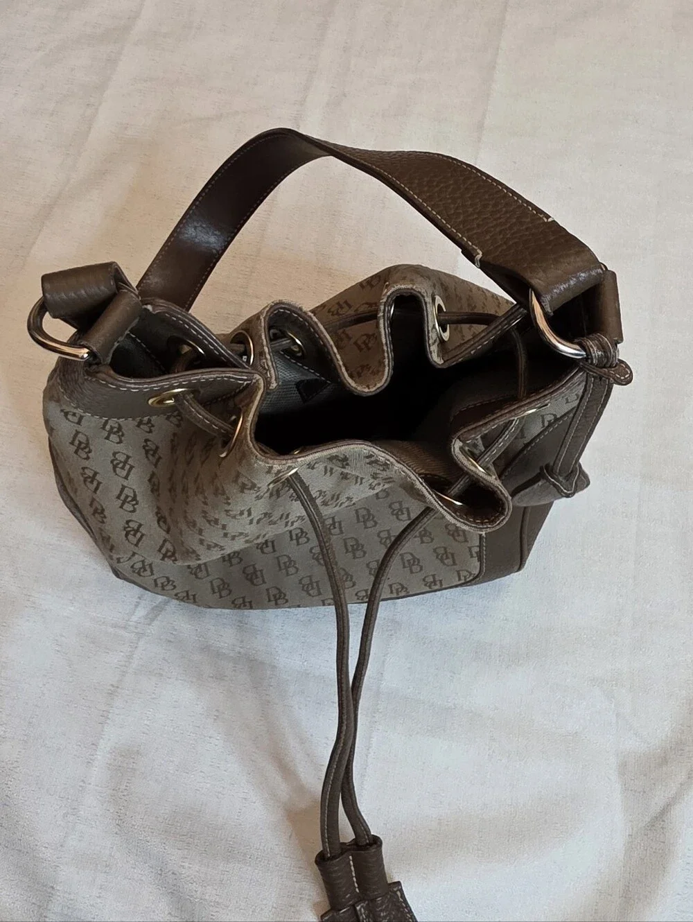 Vintage Dooney & Bourke Signature Monogram Drawstring Bucket Bag Brown Hobo